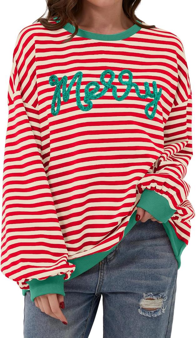 MOUSYA Christmas Sweatshirts Women Christmas Tree Sweater Christmas Party Outfit Xmas Gifts Top Casual Long Sleeve Tops (Red, L)