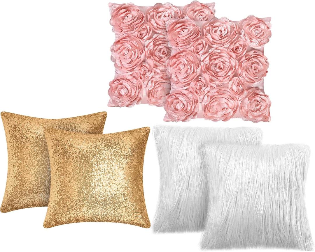 Oudain 6 Pcs Decorative 3D Rose Flower Pillow Cover, 16 x 16 Inch Faux Fur Throw Pillow Covers for Bed Square Sofa Bedroom Car(Pink, White, Gold)