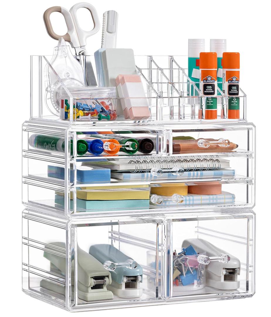HBlife Desk Organizer with 6 Drawers, Large Stackable Pencil Pen Holder & Art Supplies Storage, Multi-Functional Desktop Organizers and Accessories for Office, Home, School (Clear)