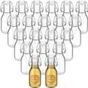 Queekay 20 Pcs Mini Flip Top Glass Bottle with Stoppers Decorative Swing Top Bottles with Lids Kraft Adhesive Round Stickers for Homemade Vanilla Extract Wedding Themed Party Favors (4.05 oz)