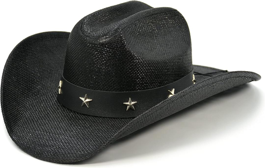 FLUFFY SENSE. Cowboy Hat for Women and Men - Straw Cattleman Crease Western Hats with Upgrade 4 inches Shapeable Wide Brim (6 7/8-7 1/2, Black)