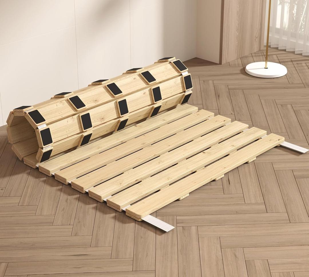 Wood Japanese Floor Bed, Roll-Type Slatted, Breathable Moisture-Proof Beds Plate, Guest Minimalist Tatami Bed Frame, Floor Futon Mattress for Bedroom, Living Room Full (53x75in)
