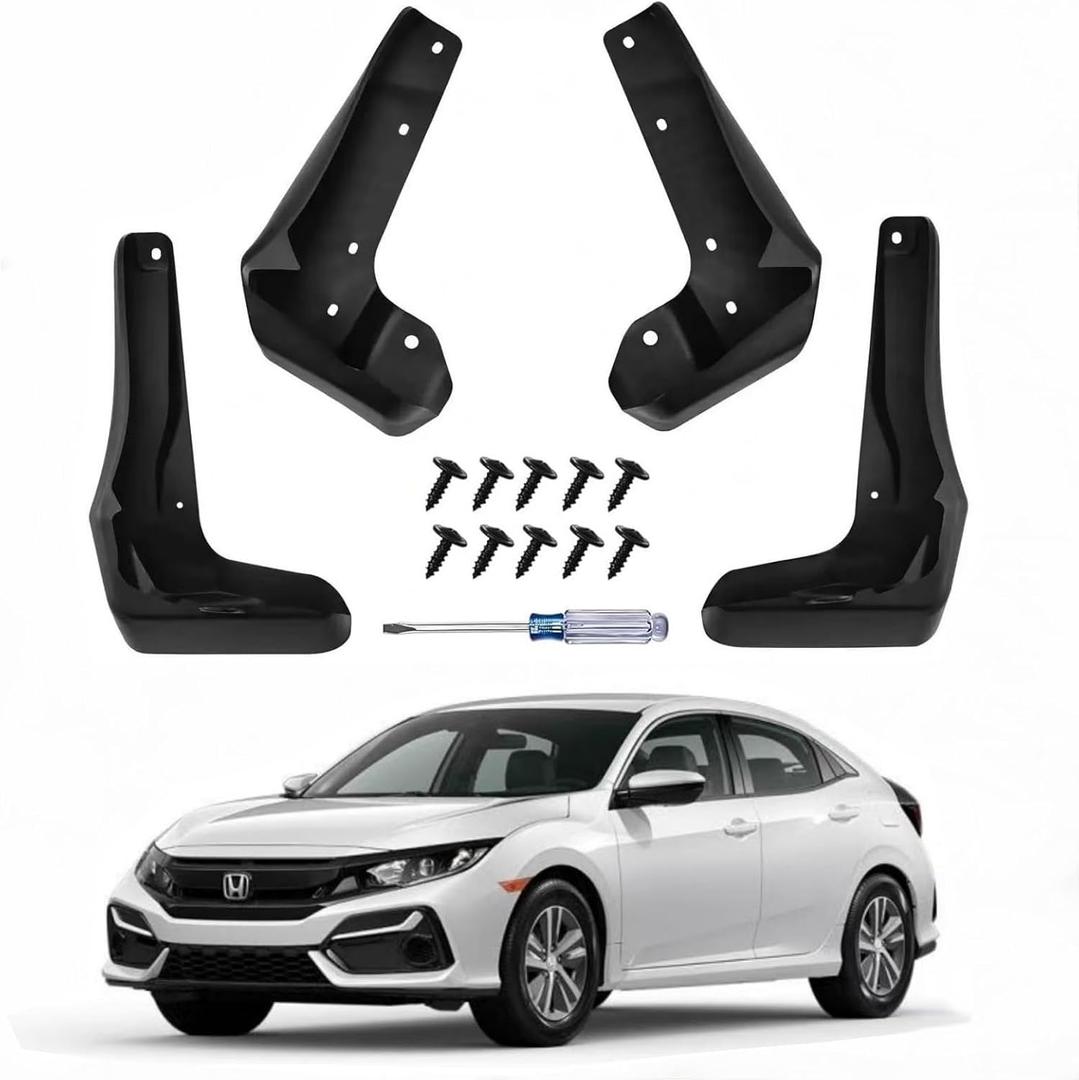 No Drill Mud Flaps for 2017-2021 Honda Civic Hatchback FK7/FK8, OEM Black Mud Guards, Heavy Duty Front & Rear All Weather Splash Guards Set for LX EX EX-L Sport Touring, Not Fit Type R/Sedan/Coupe