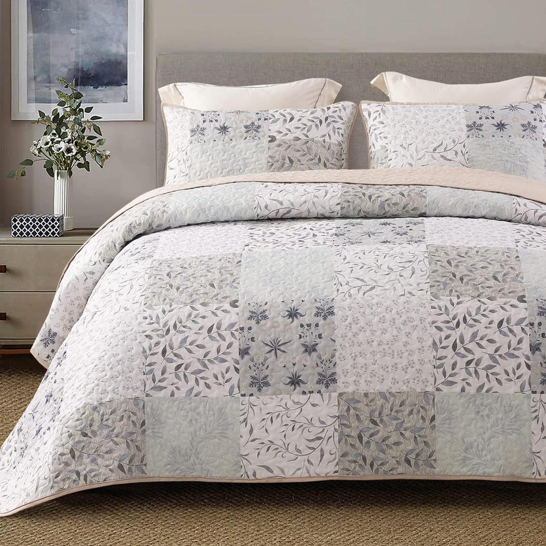 Exclusivo Mezcla Reversible Boho Quilts King Size, Gray Bedspreads Lightweight Coverlet All Season Patchwork Quilt Bedding Set with Printed Floral Pattern, 1 Quilt, 2 Pillow Shams