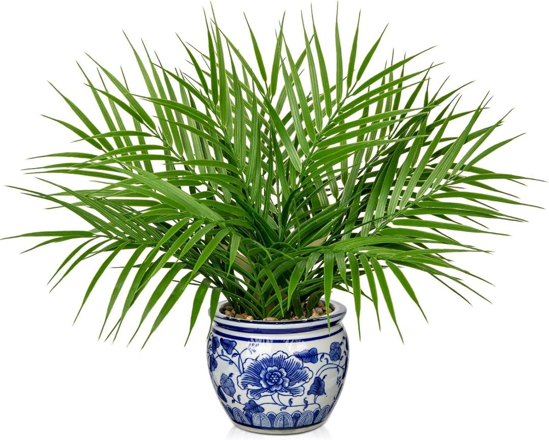 Hollyone Large Artificial Potted Plants Fake Palm Plants 16" Faux Green Plant Plastic Tropical Palm Tree in Blue and White Porcelain Ceramic Pots for Home Room Office House Indoor Decoration