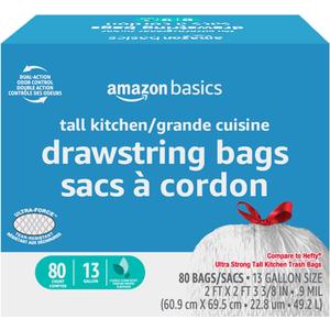 Amazon Basics Ultra-Force Tall Kitchen Drawstring Bags, Classic Clean Scented, 13 Gallon, 80 Count with Odor Control