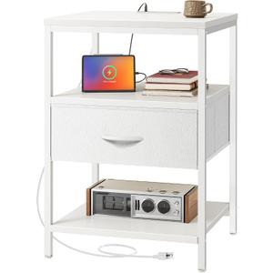 SUPERJARE Nightstand with Charging Station, White Night Stand with Adjustable Drawers, 17.7 Inches Wider Side Table for Bedroom, 3-Tier Storage End Table with Open Shelf, PU Leather Surface