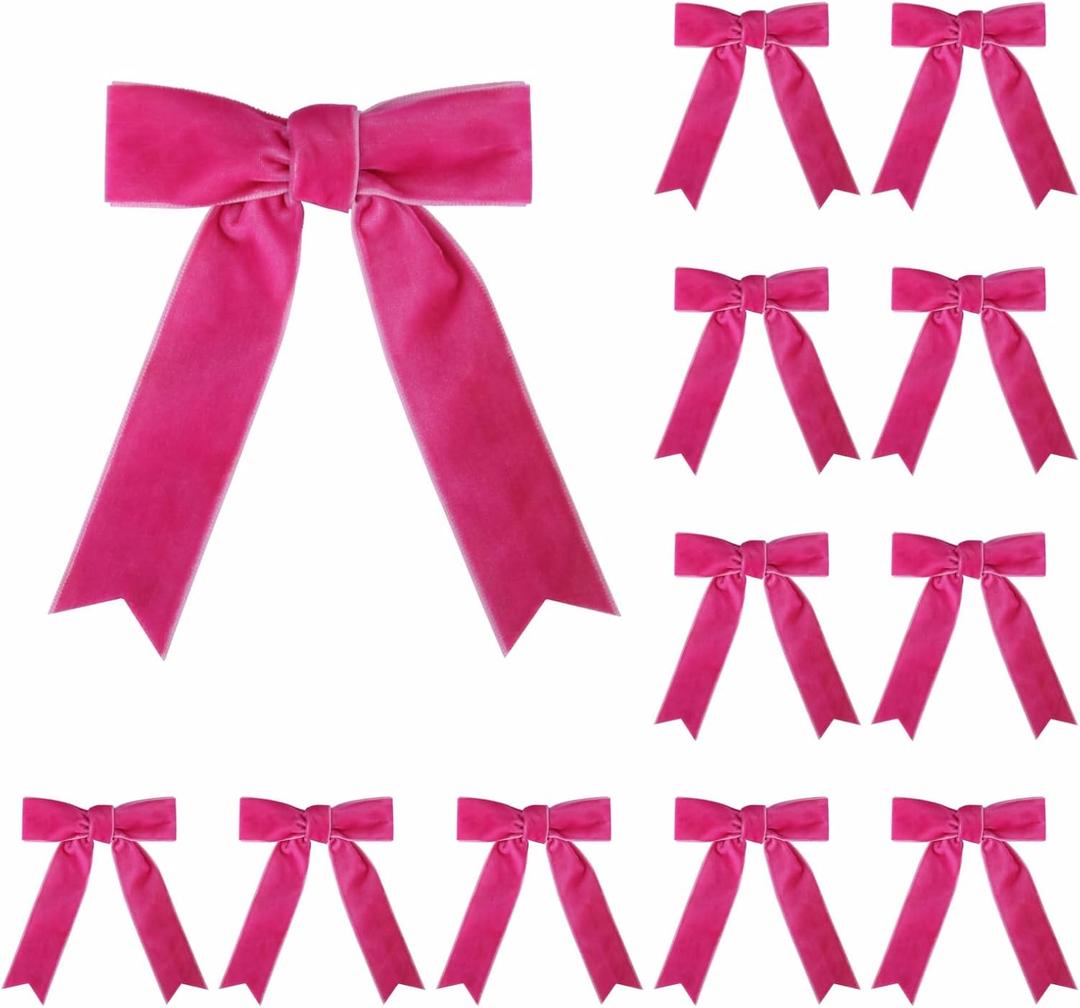 Meseey 12 Pcs Hot Pink Velvet Bows with Twist Tie 3.5 Inch Pre-Tied Vintage Christmas Velvet Ribbon Bows for Treat Bags Gift Wrapping Basket Wedding Baby Shower Brithday Party