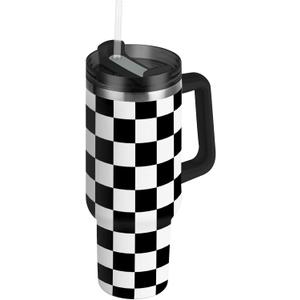 Checkered Black and White 40 oz Tumbler with Handle Lid Straw Insulated Tumblers Stainless Steel Tumbler Leak Proof for Water Coffee Ice Tea Keep Cold or Hot Black