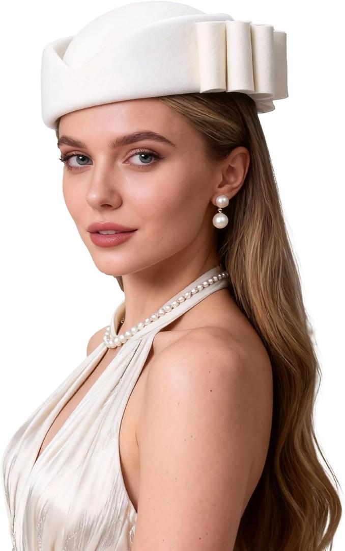 Vintage Wool Pillbox Hat Womens Dress Fascinator with Bow Formal Church Wedding Teardrop Hat (White)