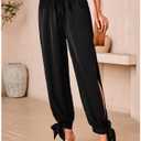 WDIRARA Women's Boho High Waist Split Knot Hem Long Pants Flowy Harem Yoga Pants Dark Black, Large