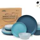 Grow Forward 24-piece Premium Wheat Straw Dinnerware Sets for 8 - Unbreakable Dishwasher & Microwave Safe Plastic Plates and Bowls Sets - Patio, Outdoors, RV, Camping Dishes - Seascape
