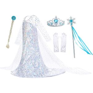 Luxury Princess Dress Costumes with Shining Long Cape Girls Birthday Party (5-6 Years, White-02)