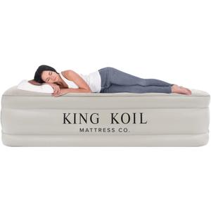 King Koil Luxury California King Air Mattress with Built-in Pump for Home, Camping & Guests - 20 King Size Inflatable Airbed Luxury Double High Adjustable Blow Up Mattress, Durable Waterproof (Beige)