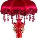 Victorian Lamp Antique Table Lamp,Vintage Fringe Lamp with Shade,European Pastoral Night Stand Flower Lamp Table Light for Bedroom Living Room(11.8" D x 11.8" W x 20.5" H, Red)