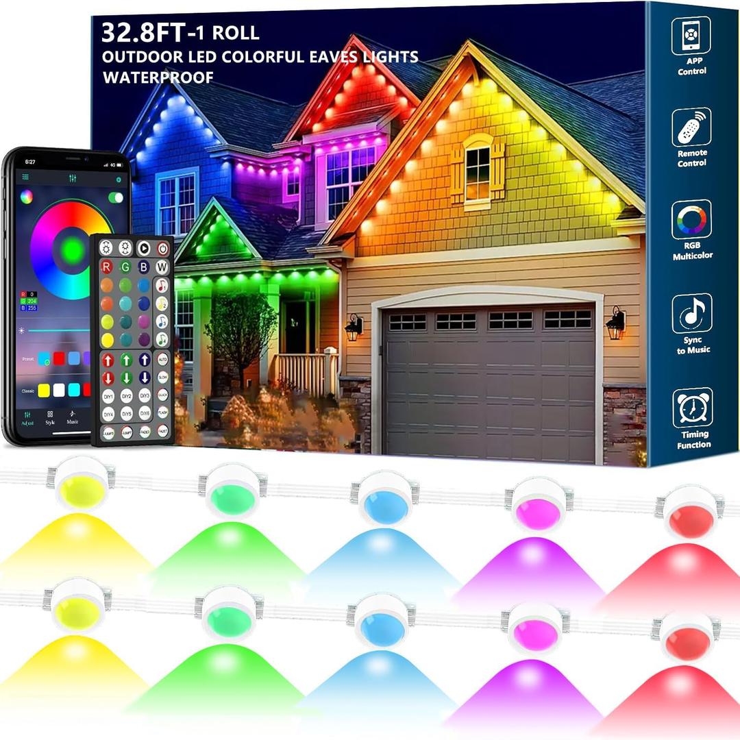 32.8FT Permanent Outdoor RGB Lights,IP67 Waterproof Smart LED Eaves Lights with App/Remote Control,for Christmas and All Holiday Decor,Daily and Accent Lighting,House Roof and Garden Lighting