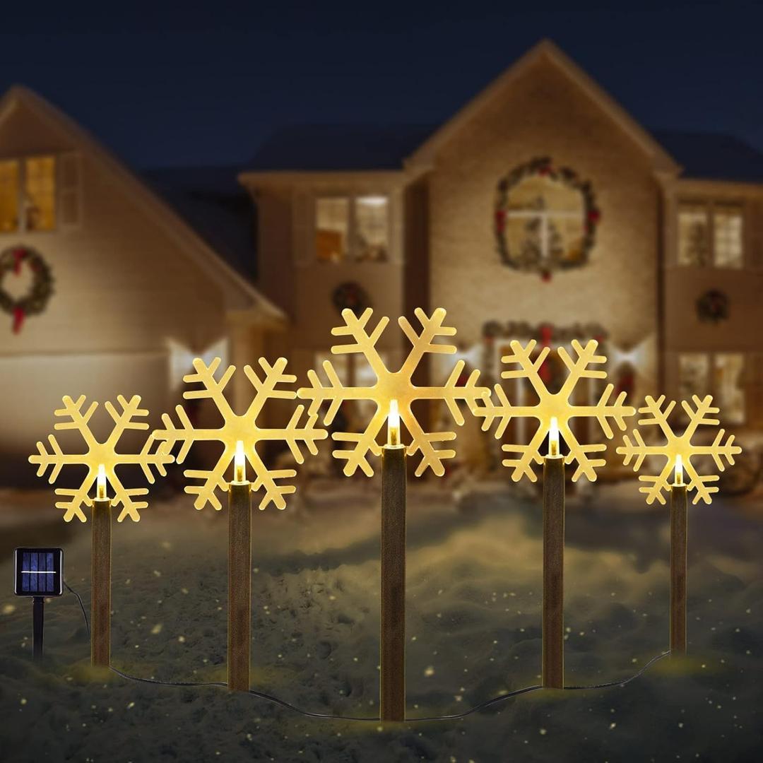 BRIGHTDECK Snowflake Solar Christmas Decorations Outdoor, 5 Pack LED Christmas Pathway Lights, Waterproof Snowflake Pathway, Stake Lights for Garden Decor(5Pcs Warm White)