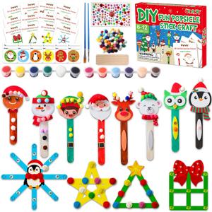 Qyeahkj 24 Sets Christmas Craft Winter Crafts Popsicle Stick Snowflake Reindeer Santa Ornaments Decorations Art Sets Snowman Stick Craft Stick for Kids Xmas Holiday Classroom Activities Party Favors