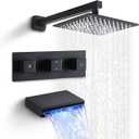 SKOWLL 3 Handle Tub Shower Faucet, Bathroom Shower Faucet Set with 10 Inch Shower Head Wall Mount Waterfall Spout with Light, LED Waterfall Bath Tub Trim Kit, Matte Black