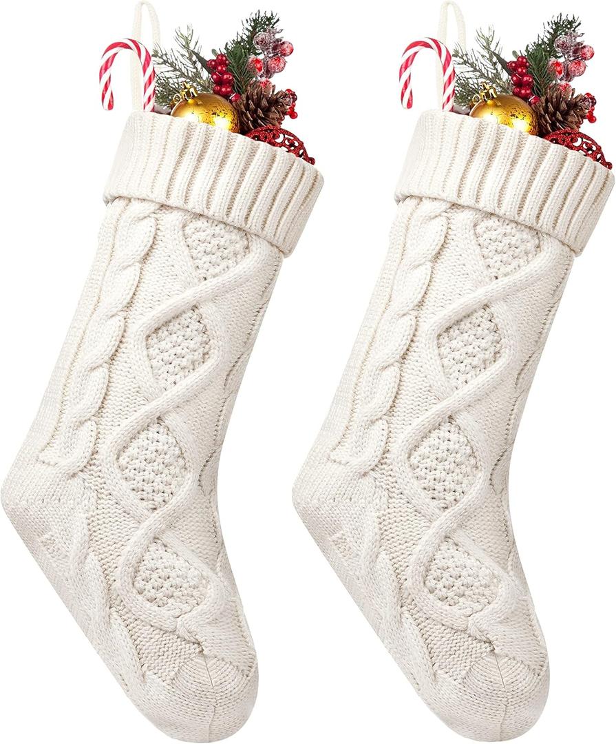 Fesciory 2 Pack Christmas Stockings 18 Inches Large Size Cable Knitted Stocking Gifts & Decorations for Family Holiday Xmas Party, Ivory White