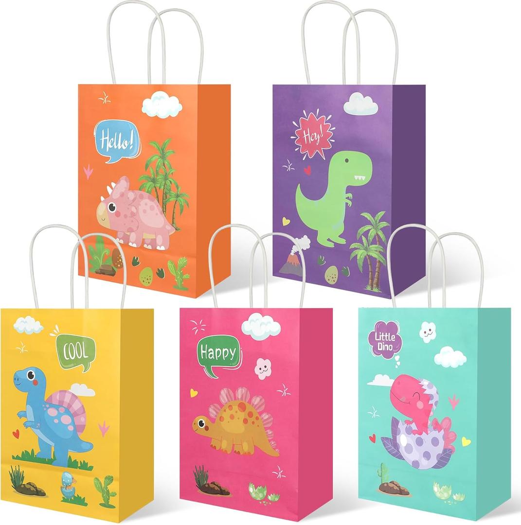 20Pcs Dinosaur Party Favor Bags with Handles, Cartoon Dinosaur Kraft Paper Gift Wrap Bags, Kids Goodie Treat Bags for Boys Girls Dinosaur Theme Birthday Baby Shower Party Supplies