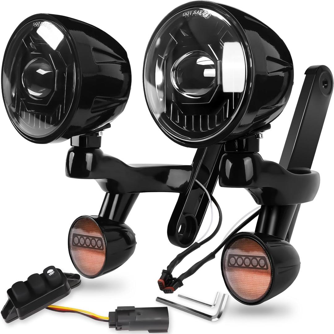 Motorcycle 4.5" LED Auxiliary Fog Lights & Bullet Turn Signals Assembly Kit with Housing Bucket Mounting Bracket & Auxiliary Fog Lamp Switch for Harley Street Glide Electra Glide 2014-2023