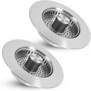 2 Pack 3 in 1 Kitchen Sink Drain Strainer, 304 Stainless Steel Pop Up Sink Stopper with Anti-Clogging Basket, Universal Fit for 3-1/2 Inch US Standard Drain Hole, Silver