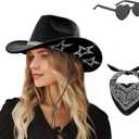 SHENYI Cowgirl Hat and Bandana and Heart Sunglasses Glitter Rhinestone Star Cowboy Hat Western Sparkly Hats for Women Men (One Size-Medium, Black)