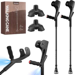 2 Pcs Forearm Crutch for Adults with Light, Foldable Lightweight and Adjustable with Handle Pads, Aluminum Crutches for Heavy Duty Work Walking (Premium Black 2 Pcs)