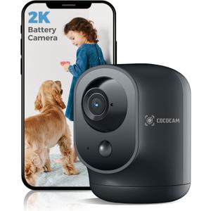 COCOCAM 2K Indoor Pan/Tilt Security Camera with 5200mAh Battery, WiFi Camera,Wireless for Baby Monitor/Pet/Home Security, AI Recognition, PIR Human Detection, 2.4G WiFi (Black)