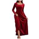 Fall Velvet Maxi Dress for Women Square Neck Long Sleeve Dresses Slim Flowy Casual Velour Outfit High Elastic Outfits,Red, Large