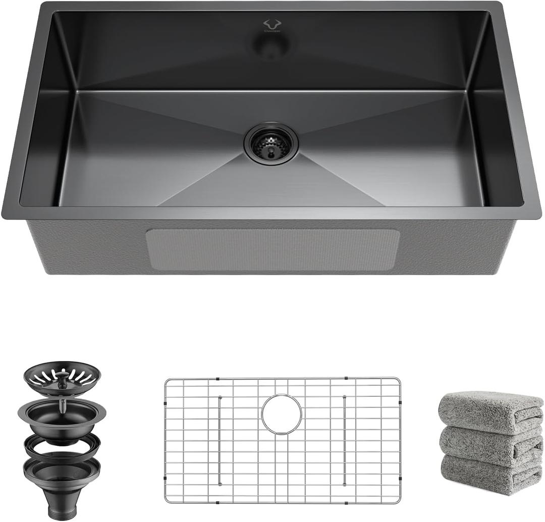 Kitchen Sink 32x18 Inch Undermount Kitchen Sink 16 Gauge Stainless Steel Single Bowl Gun Metal Black Finish with Accessories