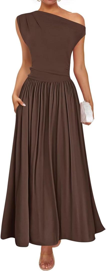 ZESICA Women's Summer 2026 Sleeveless Maxi Dress One Shoulder Casual Slim Swing Pleated Formal Dresses with Pockets (Brown, M)
