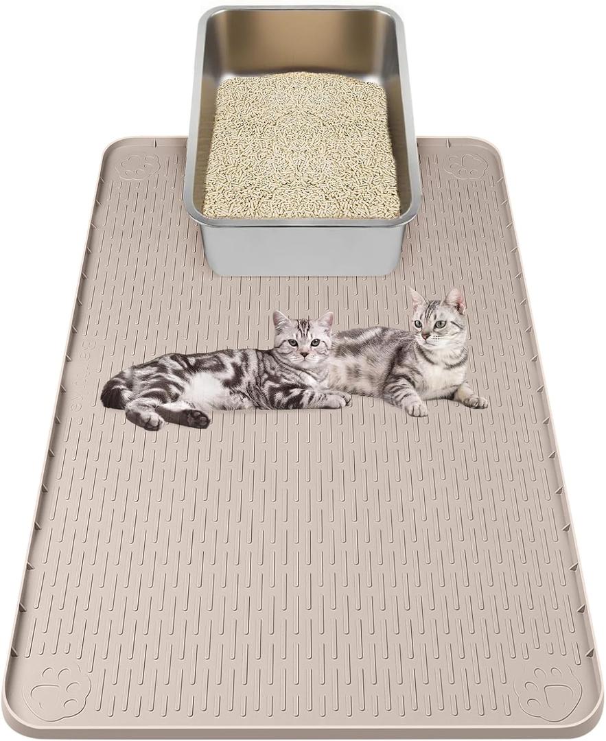 Kalolary Cat Litter Box Mats, Large 34" x 22" Silicone Cat Mat, Easy to Clean Kitty Litter Trapping Mat, Soft on Kitty Paws, Waterproof, Urine-Proof Kittys Litter Mats for Floor, Beige