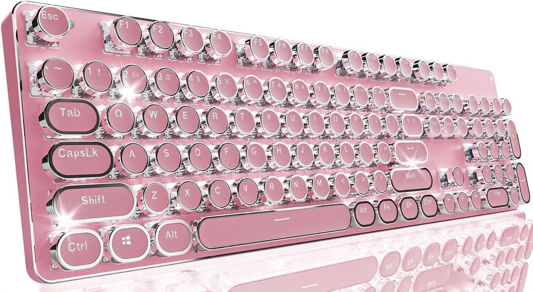 EWEADN TK950 Typewriter Keyboard Wireless Mechanical Keyboard, 104 Keys Aesthetic Typewriter Keyboards with White Backlit, Anti-Ghosting, Blue Switch Bluetooth/2.4GHz/Wired Keyboards-Pink