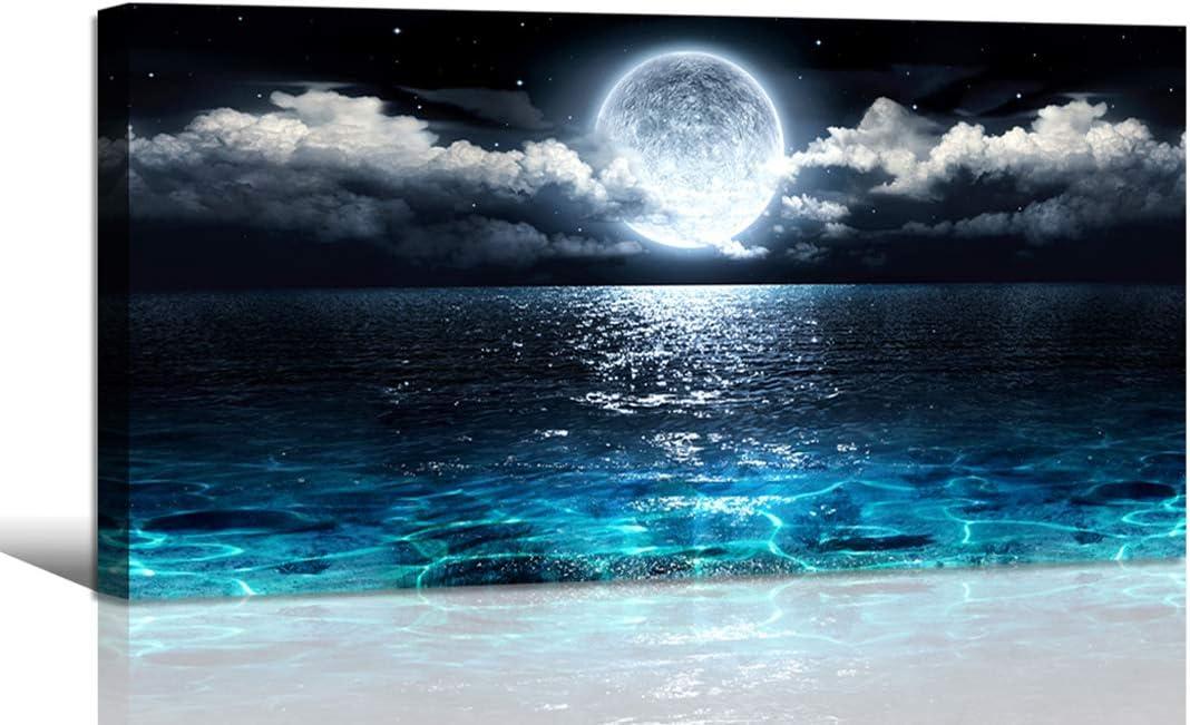 Wall Art Moon Sea Ocean Landscape Picture Canvas Wall Art Print Paintings Modern Artwork for Living Room Wall Decor and Home Dcor Framed Ready to Hang,1inch Thick Frame, Waterproof Artwork., 40"L x 20"W