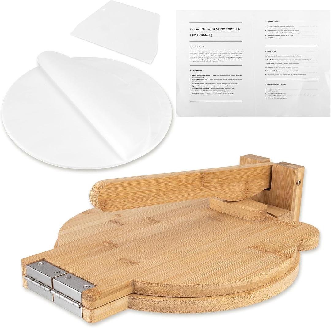 Bamboo Tortilla Press 10 inch - Mexican Tortilla Maker with 100 Parchment Papers | Homemade Flour & Corn Tortillas, Tortillera, Pataconera, Dough Press for Easy Cooking