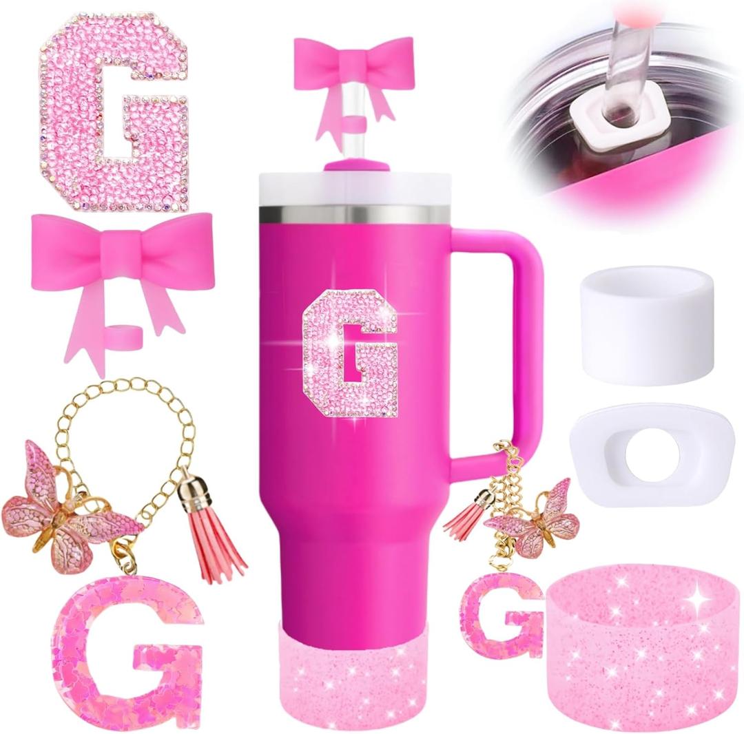 6PCS Pink Stanley Cup Accessories Set, Initials Decorations for Stanley Cup 30oz 40oz, Includes Bow Straw Topper, Handle Charm, Letter Sticker, Silicone Boot, Spill Proof Stopper (Letter G)