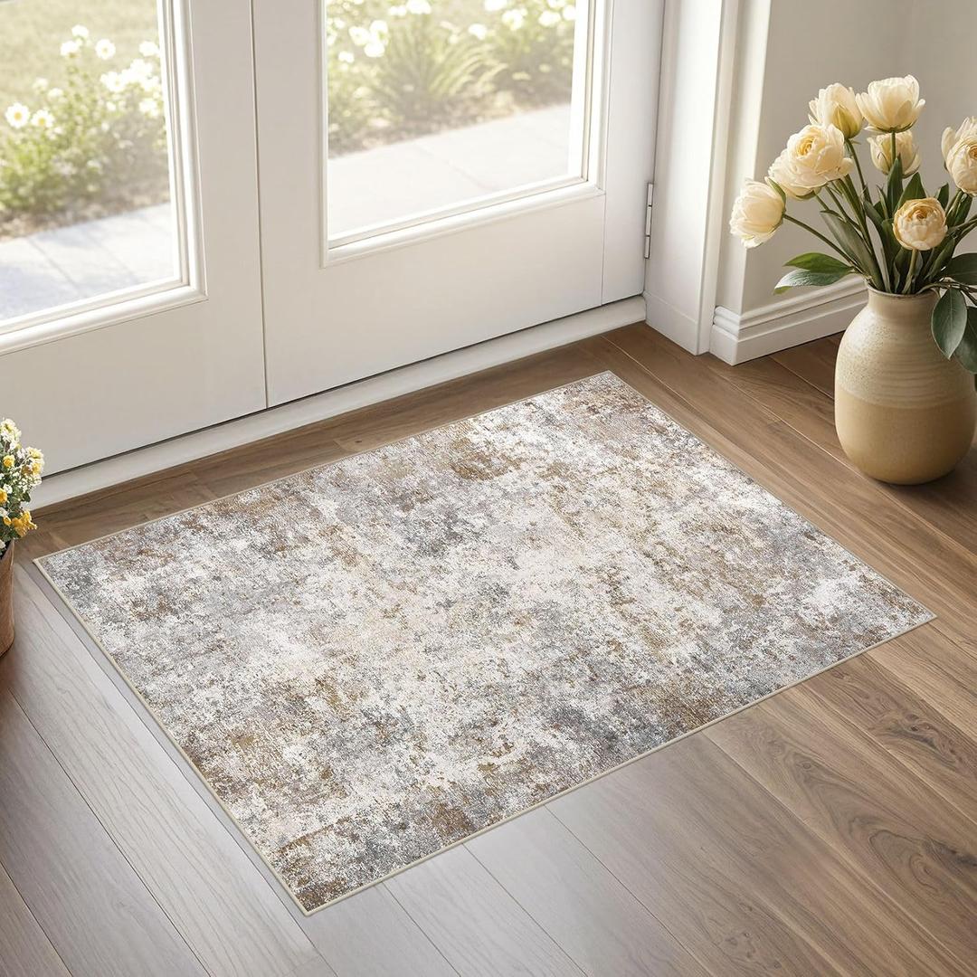 UERMEI 2x3 Entryway Area Rug, Machine Washable Neutral Modern Small Carpet, Non-Slip Low Pile Front Door Mat for Inside House Kitchen and Bathroom, Kid & Pet Safe, Brown Grey