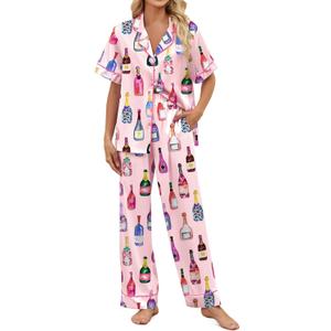 SHESHOW Satin Pajamas for Women Set Button Down Sleepwear Print Pjs Set 2 Piece Short Sleeve Long Loungewear Size Medium