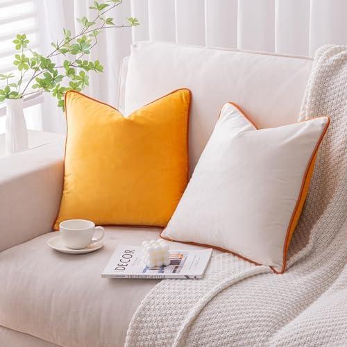 LIGICKY Orange Yellow and Cream White Velvet Throw Pillow Covers 16x16 inch, Set of 2 Modern Double-Sided Design, Soft Square Decorative Cushion Cases with Rope Edging for Home Decor
