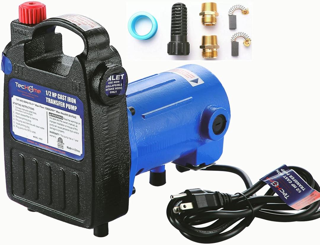 TecHome 1/2 HP Cast Iron Transfer Pump, 120V 1560GPH Water Pump, High Pressure Transfer Pump with Suction Strainer and Brass Connectors.