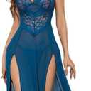 Foxiny Sexy Split Mesh Lace Floral Sheer Babydoll Lingerie Outfit Dress 2 Piece with Thong Set, L