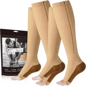 cerpite Zipper Compression Socks - 2 Pairs Open Toe Compression Stockings for Men Women 15-20mmHg,Suit for Running, Sport, S/M