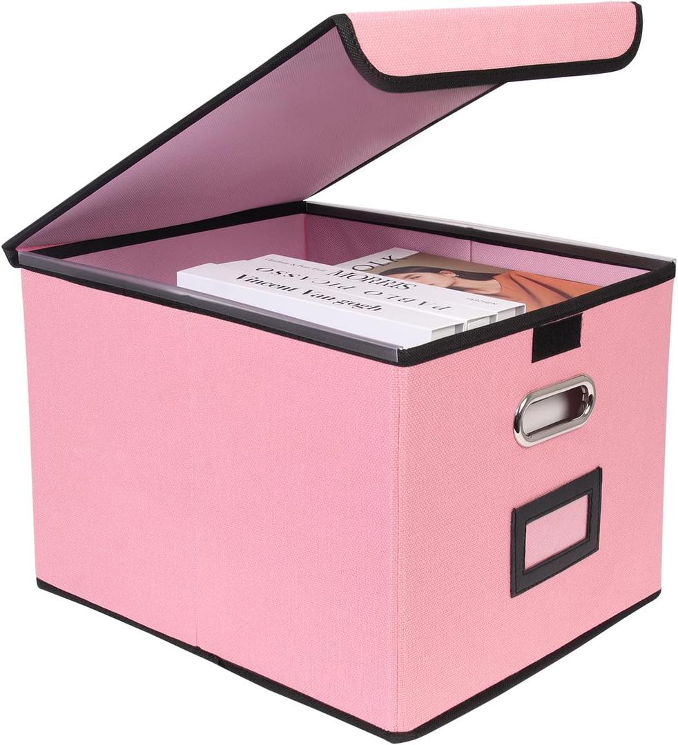 File Storage Box with Lid, 15.55x12.87x10.43 Inches, Foldable Organizer with Handles & Label Slot, for File Storage, Home, Office, and Closet Organization(Pink)