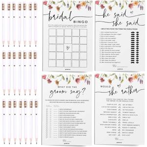 Wildflower Bridal Shower Games Bundle  4 Elegant Bridal Shower Games for 30 Guests + 30 Gold-Foil Heart Pencils, Double-Sided Floral Cards, Perfect for Bridal Showers & Weddings