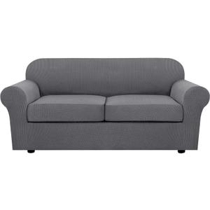 H.VERSAILTEX 3 Piece Stretch Sofa Covers for 2 Cushion Sofa Couch Covers for Living Room Furniture Cover (Base Cover Plus 2 Seat Cushion Covers) Thicker Jacquard Fabric(Large Sofa, Grey) (Medium-XL)