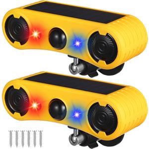 Qualirey Solar Outdoor Motion Sensor Alarm 2 x 129db Loud Noise Maker 13 Sound Detector Strobe Light, 4 Modes Animal Deterrent Dog Barking Alarm Mount on Ground or Fence for Garden Yard(2 Pack)