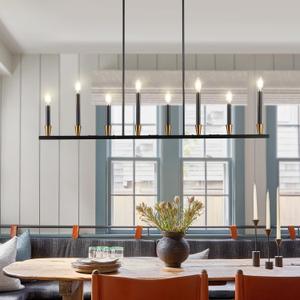 Black Linear Chandelier Candle Dining Room Light Fixture Long 46 Inch Island Chandeliers Black and Gold Linear Pendant Lighting Over Dining Table Kitchen Island