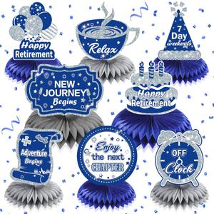 8Pcs Blue Retirement Decorations Navy Blue Silver Happy Retirement Table Honeycomb Centerpieces Farewell Table Topper Decor for Men Women Office Going Away Photo Booth Props Labor Day Party Supplies